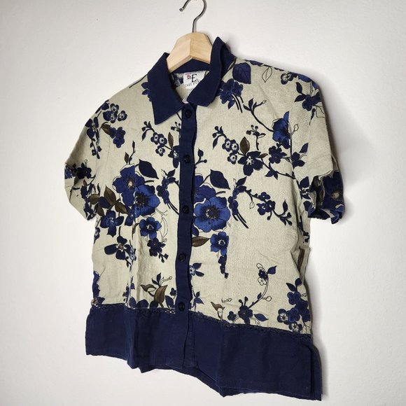 Ease Sport Womens Small Linen Crop Button Down Top Floral Collared - Picture 3 of 5